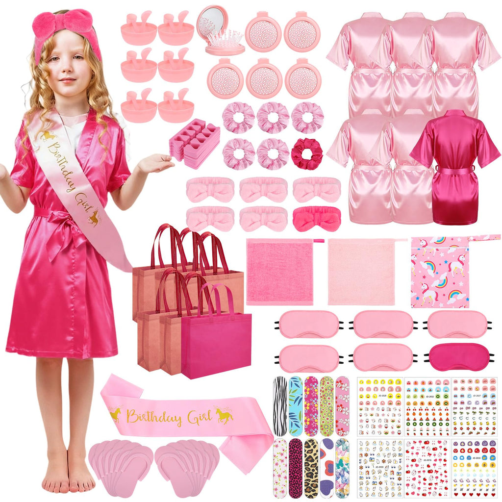 ZhouBoat 6 Set Girls Spa Party Supplies Kit 83 PCS Includes Satin Robes Headbands Slippers Nail Kit Masks Towel Brush Set for Birthday Sleepover Pink, Hot Pink Birthday Theme