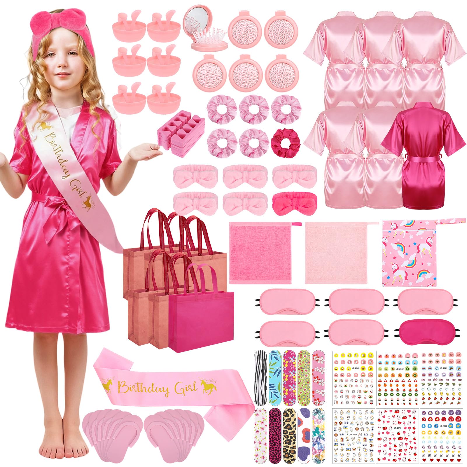 ZhouBoat 6 Set Girls Spa Party Supplies Kit 83 PCS Includes Satin Robes Headbands Slippers Nail Kit Masks Towel Brush Set for Birthday Sleepover Pink, Hot Pink Birthday Theme