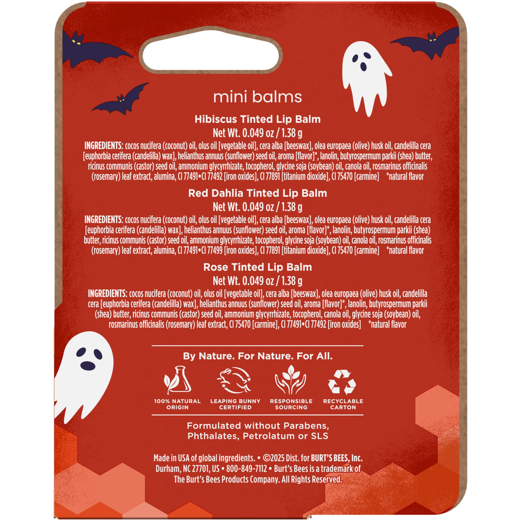 Burt's Bees A Lil Batty Halloween Minis Hibiscus, Red Dahlia and Rose Tinted Lip Balm Gift Set, 100% Natural Origin Lip Care, 3 Tubes, 0.049 Oz. (Package May Vary)