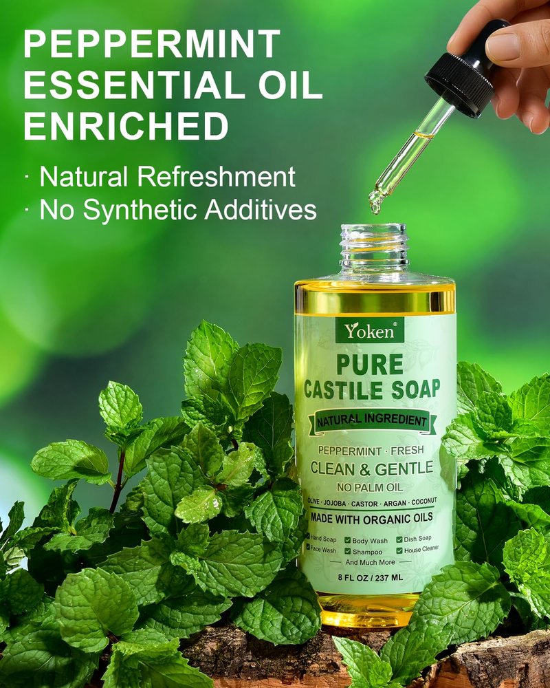 Yoken Peppermint Castile Soap Liquid 8 OZ, Made with Certified Organic Oils, Gentle Peppermint Soap for Body Wash, Face, Hands, Dishes, Laundry & More - Vegan & Natural Ingredients Versatile Cleanser