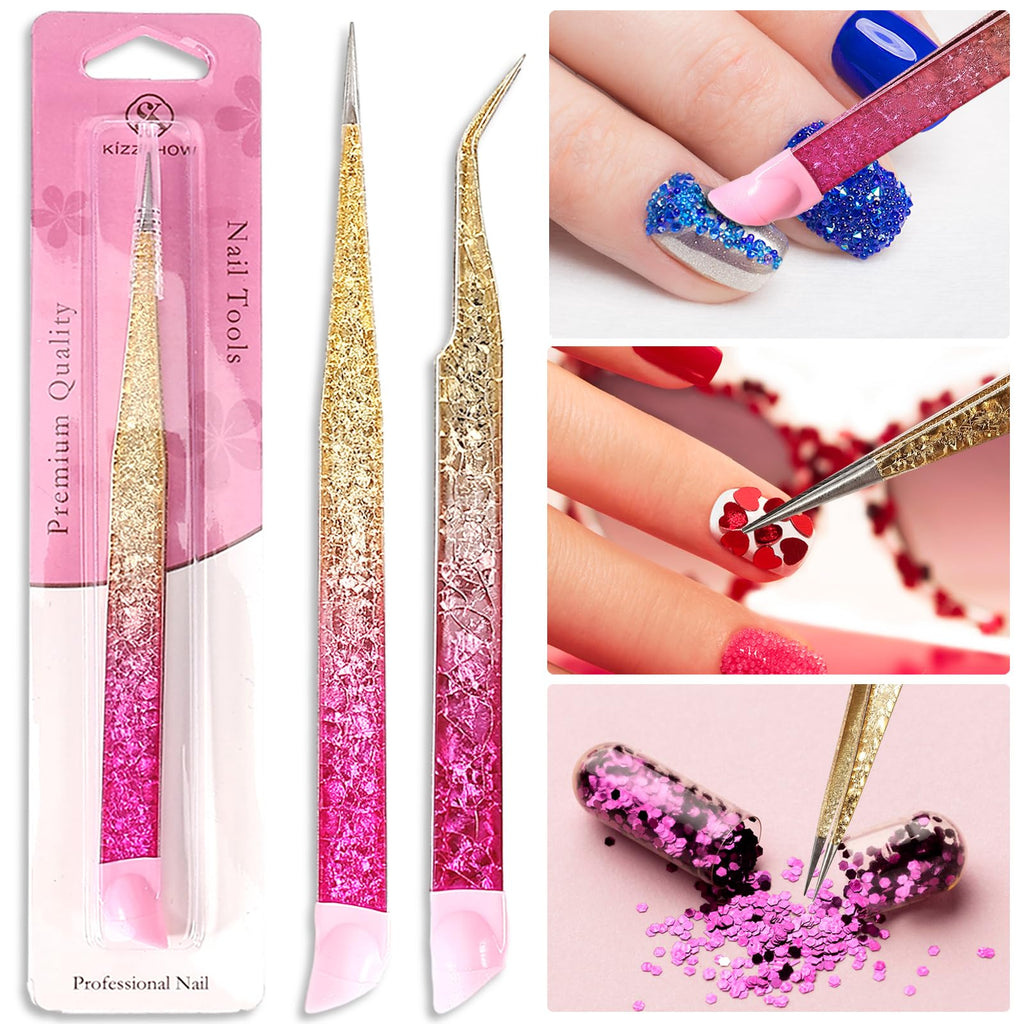 Ouligay 2Pcs Double Ended Nail Art Tweezers Stainless Steel Tweezer Straight Curved Tip Tweezers with Silicone Pressing Head for Nail Crafts Rhinestone Stickers Jewel Gem Picker Tool