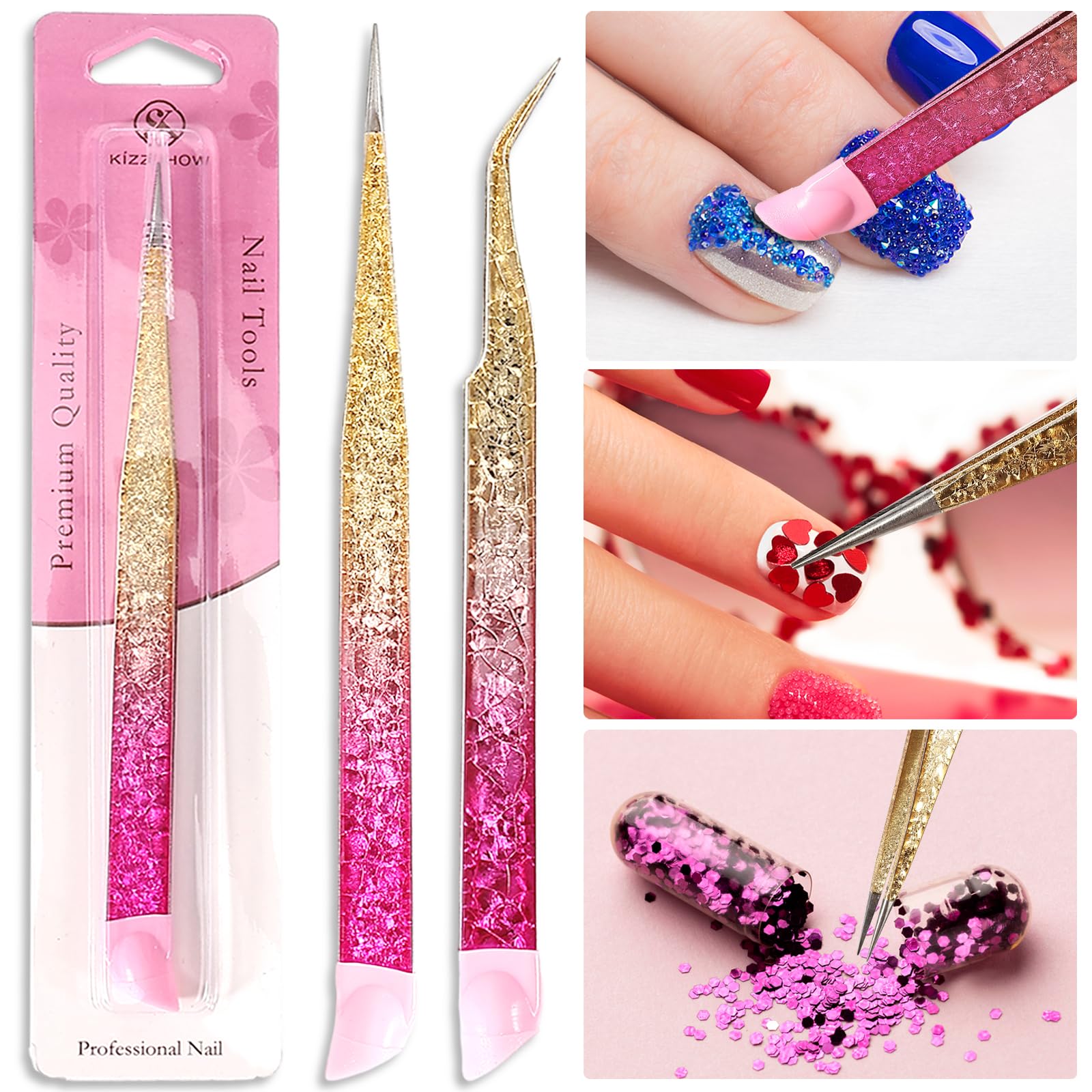 Ouligay 2Pcs Double Ended Nail Art Tweezers Stainless Steel Tweezer Straight Curved Tip Tweezers with Silicone Pressing Head for Nail Crafts Rhinestone Stickers Jewel Gem Picker Tool