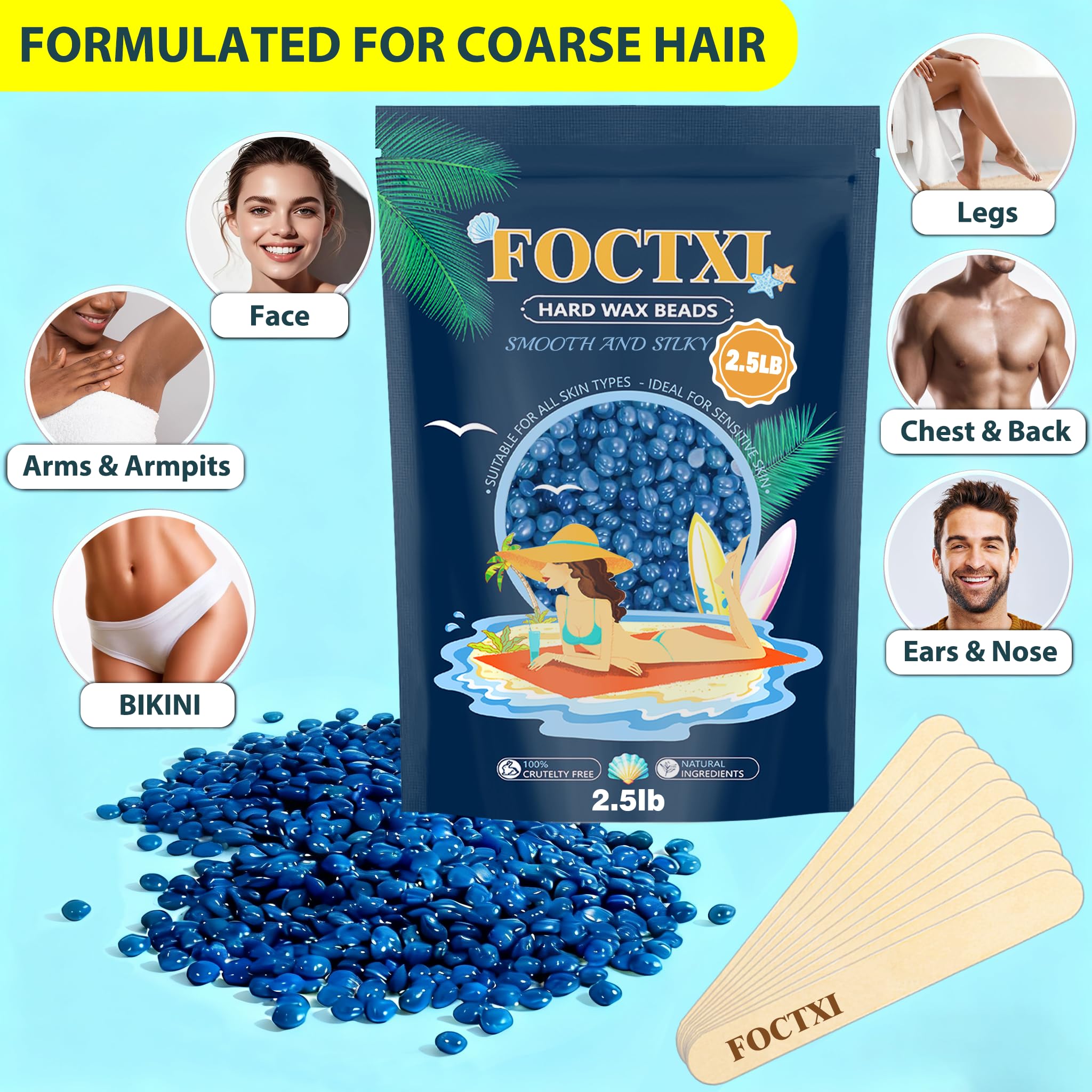 FOCTXI Hard Wax Beads, 2.5lb Wax Beans for Hair Removal Sensitive Skin + 10 Large Applicator Sticks - Coarse Hair Formula – Brazilian Bikini, Face, Eyebrows, Underarms, Arms, Chest, Back, Legs