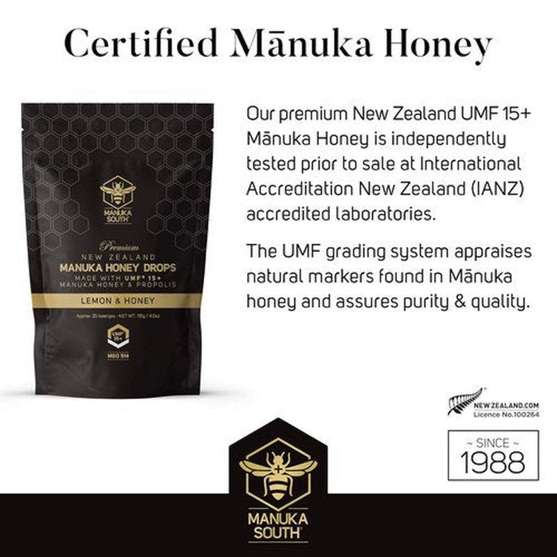 Manuka Honey Drops UMF 15+ | MGO 514+ & Propolis - Natural Soothing Drops with Lemon & Honey Flavor - 25 Count