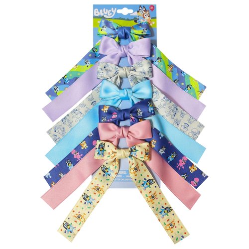 Bluey Printed Long Tail Hair Bow Set for Girls – 7-Pack Printed Bows with Alligator Clips – Cute Hair Accessories for Kids Ages 3+
