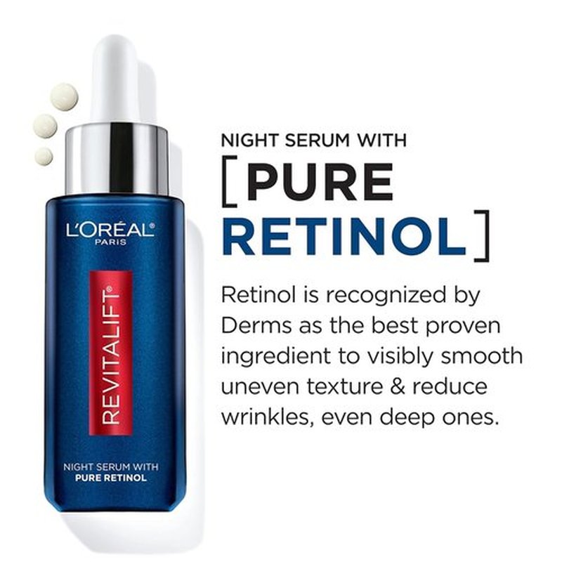 L'Oreal Paris Revitalift Night Serum - 0.3% Pure Retinol for Deep Wrinkle Reduction | Fragrance-Free, 1 oz + Moisturizer Sample
