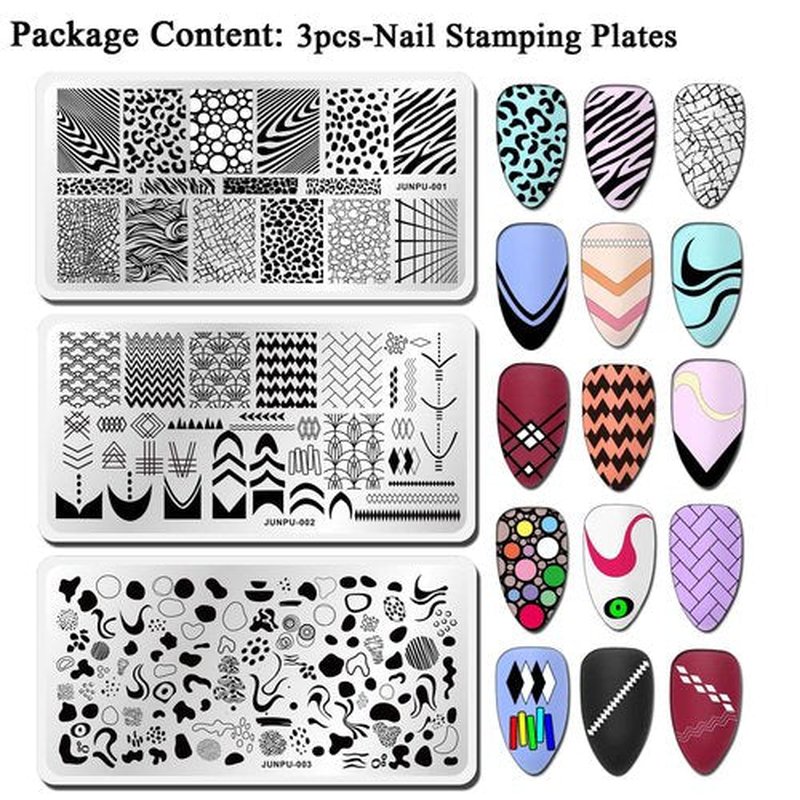 French Nail Stamping Plate - 3pcs Metal Nail Stamp Plates Set for Nails Art Design Geometric Leopard Print Abstract Stripes Swirl Line Graffiti Plaid Image Stamps Stencils 12x 6cm