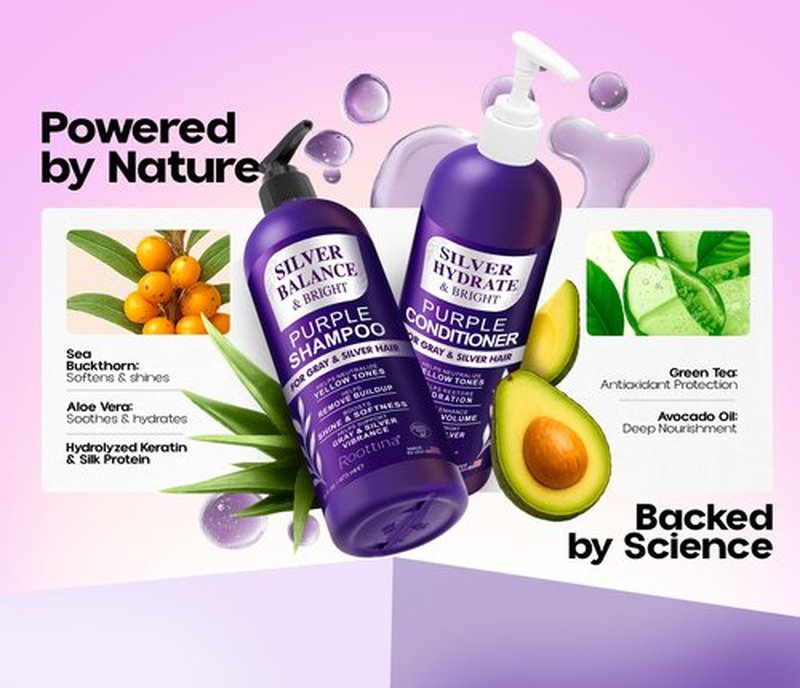 ROOTTINA Silver Shine Sulfate Free Brass Toning Purple Shampoo and Conditioner Set for Gray, Blonde & White Hair – Neutralizes Brass, Enhances Shine, Supports Cool Tone, Made in USA, 16 fl oz