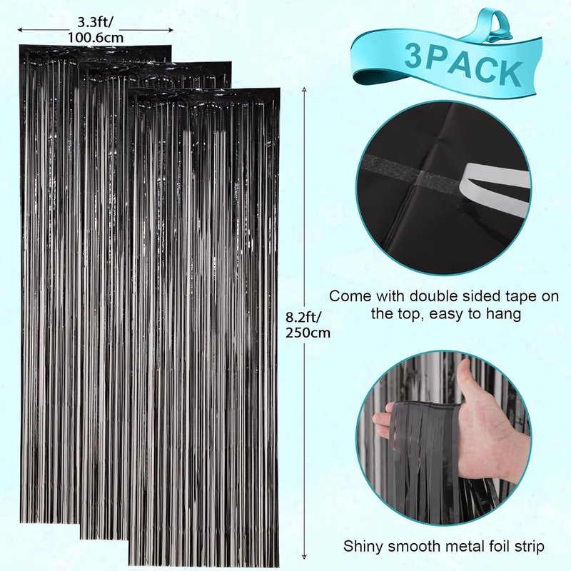 Voircoloria Black Foil Fringe Backdrop Curtains - 3 Pack Tinsel Streamers for Parties | 3.3x8.2 Feet