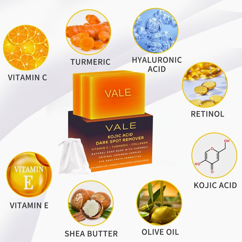 VALE Kojic Acid & Turmeric Soap Bars (3-Pack) – Natural Dark Spot Remover & Original Japanese Complex with Vitamin C, E, Collagen, Retinol, Olive Oil & Shea Butter(Citrus)