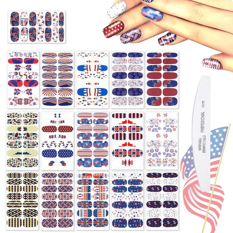 WOKOTO 16 Pcs Independence Day Nail Strips Polish Stickers Fourth of July Self Adhesive Nail Stickers Wraps for Nails Set with 1 Pc Nail File 14 Tips Per Sheet Manicure Strips