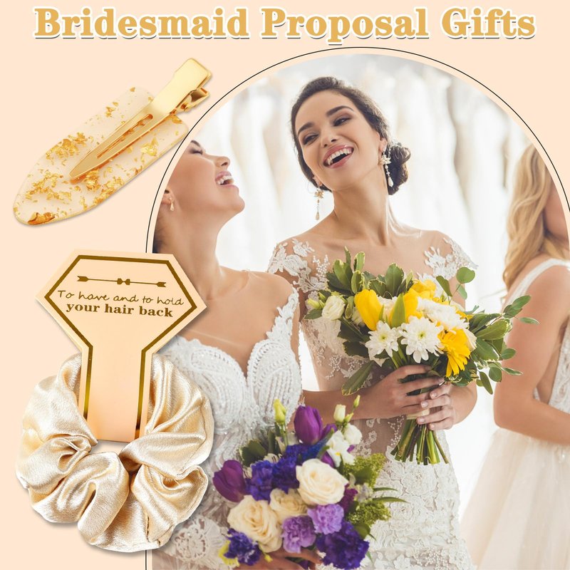 Zkptops 24Pcs Bridesmaid Proposal Gifts Bulk Cute Golden Glitter Hair Clips Soft Silk Satin Scrunchies Set for Bridal Wedding Bachelorette Party Favors Gift Bridesmaid Hair Accessories for Women Girls