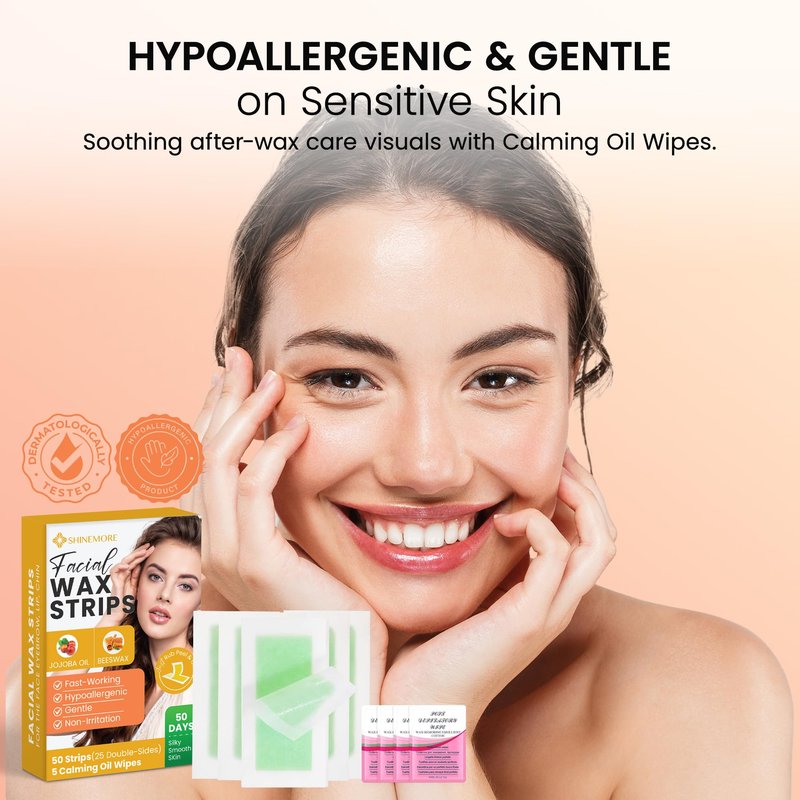 Facial Wax Strips for Hair Removal: Fast Working and Gentle for Face, Eyebrow, Upper Lip, Chin - Hypoallergenic for All Skin Types 50 Waxing Strips with 5 Wipes