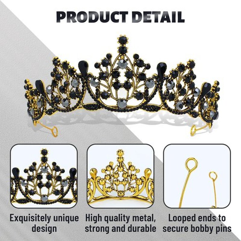 inSowni 2pcs Vintage Gothic Baroque Black Gold Crystal Rhinestone Crowns Tiaras Princess Queen Wedding Bridal Halloween Headbands Headpieces Hair Accessories with 4 Bobby Pins for Women Girls Brides