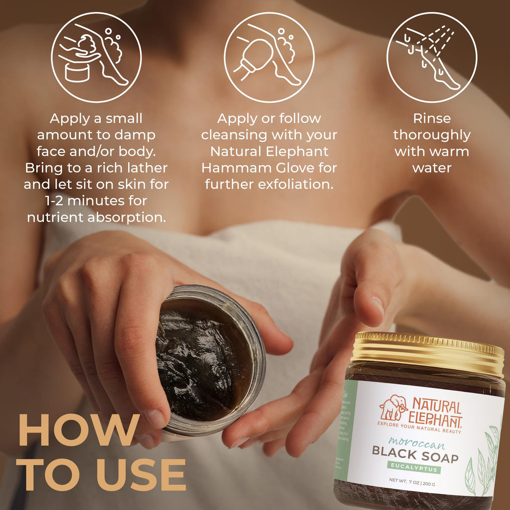 Natural Elephant Moroccan Black Soap | 7oz | Nila Indigo | Traditional Hammam Beldi Soap, 100% Natural Ingredients, Ideal for Exfoliating and Even Skin Appearance