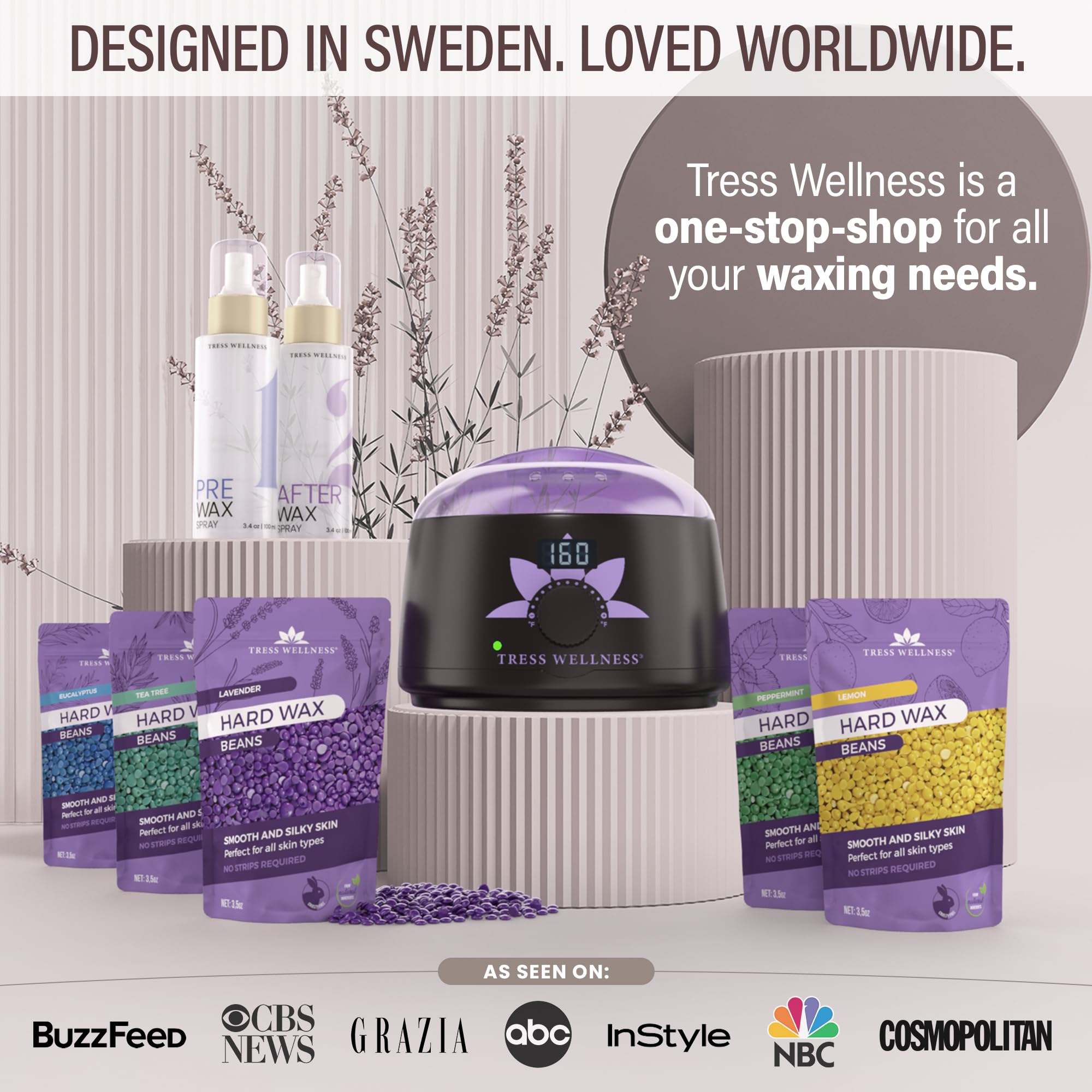 Tress Wellness Award Winning Waxing Kit for Sensitive Skin – Safe for Face & Skin, Easy to Use – At-Home Kit for Face, Bikini, Brazilian & Full Body - Digital Display, Dusty Chocolate