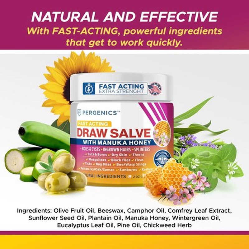Pergenics Manuka Honey Draw Salve Ointment for Skin Soothing, Boil & Cyst, Ingrown Hair, Splinter Remover, Bug Spider Bites, Bee Sting, Mosquito Itching, Poison Ivy, Minor Cuts, Burns, 2 Oz