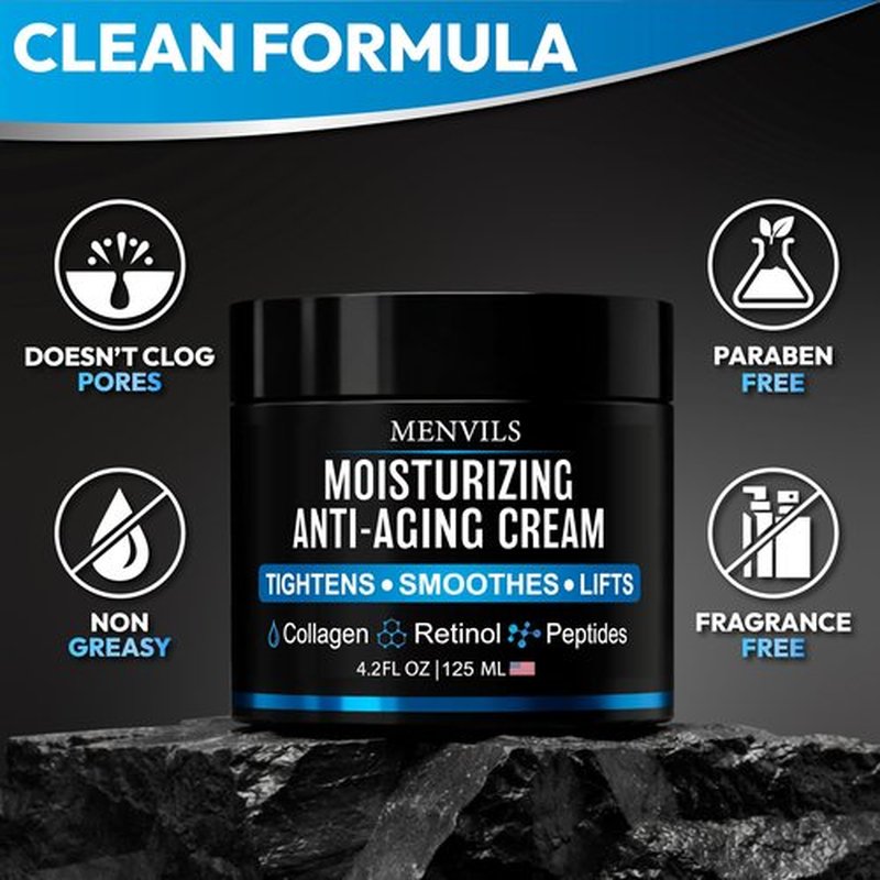 Mens Face Moisturizer Cream - Anti Aging & Wrinkle Repair - After Shave Lotion for Men with Collagen, Retinol, Peptides, Jojoba Oil - Age Facial Skin Care - Lightweight Day & Night Cream - 4.2 OZ