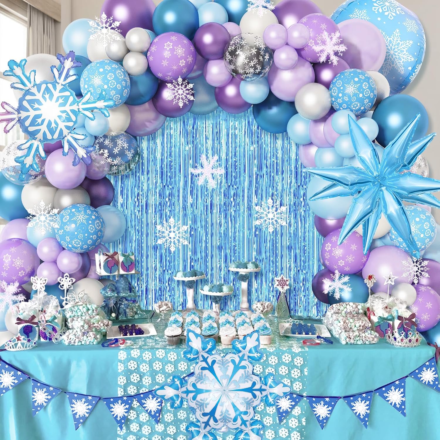 Amandir 162PCS Snow Birthday Party Supplies - Snow Balloon Garland & Fringe Curtain | Blue & Purple Winter Wonderland Decor