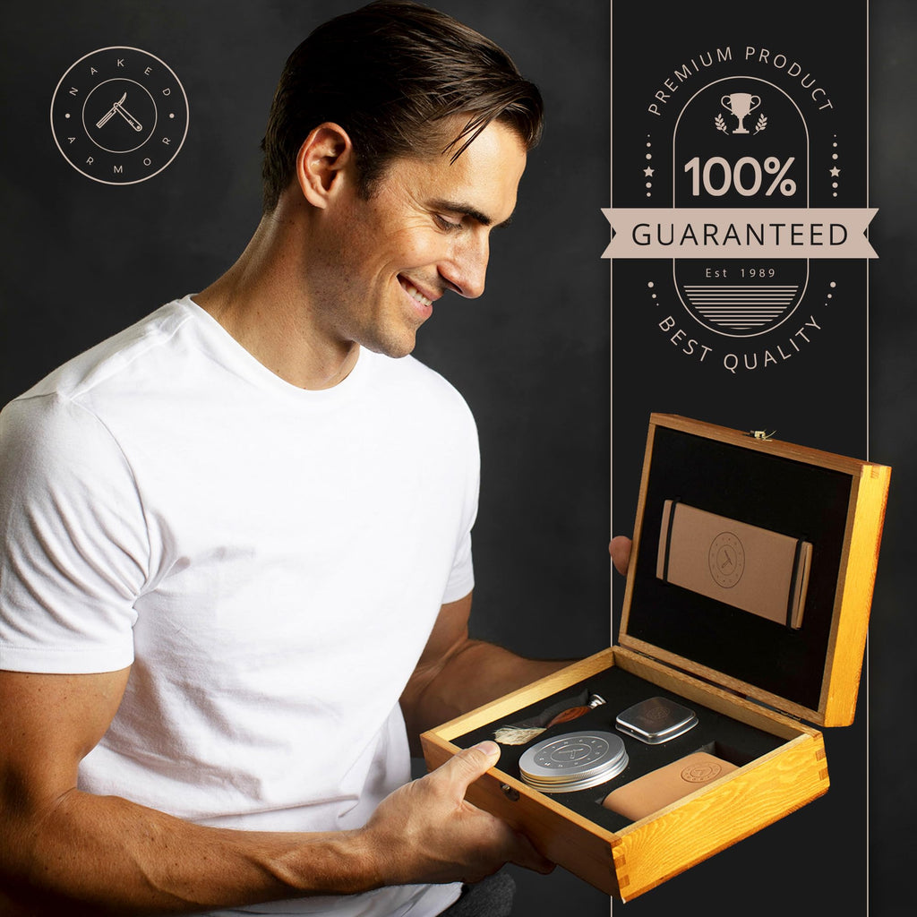 Naked Armor Merlin Straight Razor Kit, Straight Razor Shaving Kit for Men with Japanese Stainless Steel 7/8 Blade, Leather Strop, Shave Soap, Shaving Brush, Strop Paste, Leather Case, Gift Box, Silver