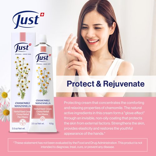 SwissJust Chamomile Hand Cream 100ml, Protecting Cream that Concentrates the Comforting & Relaxing Properties of Chamomile. Strengthens the skin, Provides Elasticity & Restores Anti Aging Hand Cream