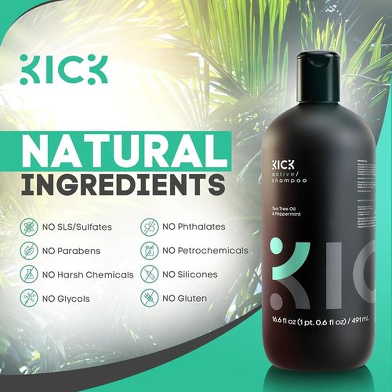 Kick Mens Shampoo - Peppermint & Tea Tree Oil Control - Sulfate-Free Anti-Dandruff Formula - 16.6oz