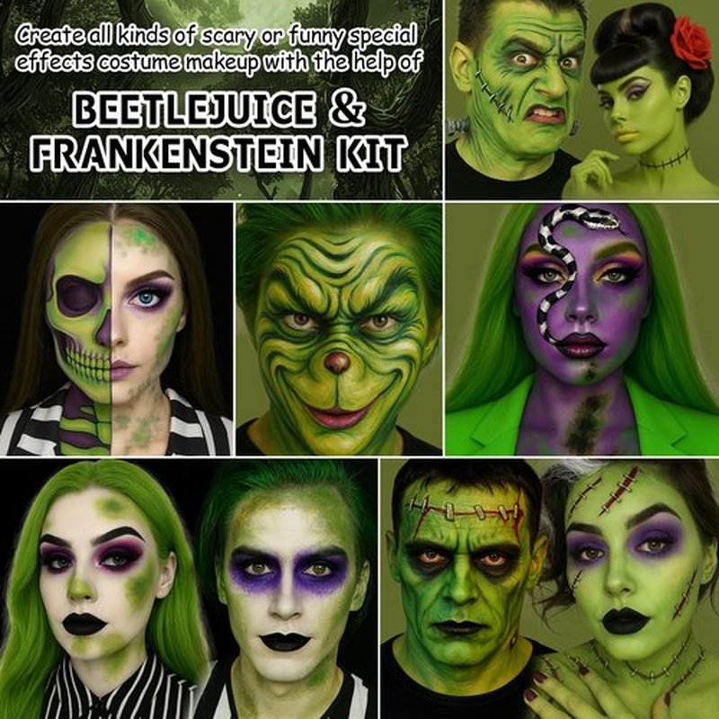 Halloween Beetle-juice Makeup & Frankenstein Makeup Kit, Face Paint SFX Character Set with Black Lipstick & Applicators for Ghost, Zombie, Grinch Special Effects Make Up, Costume Cosplay Party & Stage