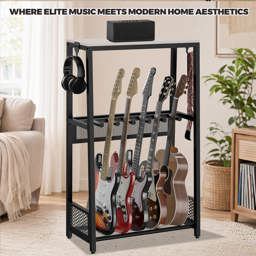 JollyJive 5-Guitar Stand Floor with Wood Storage Shelf, 27.8lbs Heavy Duty Multi-Guitar Rack Holder (1.2mm Steel Tubes), Patented 3-Sided Mesh Shield for Acoustic, Electric & Bass, Premium Studio Furniture,Gray