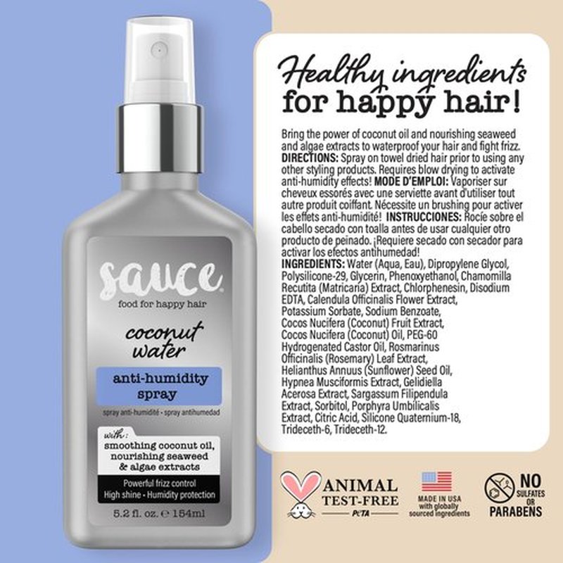 SAUCE BEAUTY Coconut Water Anti-Humidity Hair Spray 5.2 Fl Oz, Frizz Control with Coconut Oil, Seaweed & Algae Extracts, Adds Shine & Softness, Lightweight & Non Greasy, No Sulfates & Parabens