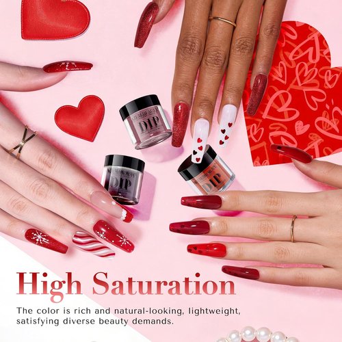 AZUREBEAUTY Dip Powder Starter Kit - Red Glitter & Heart-Shaped Sequins | 6 Colors for DIY Nail Art
