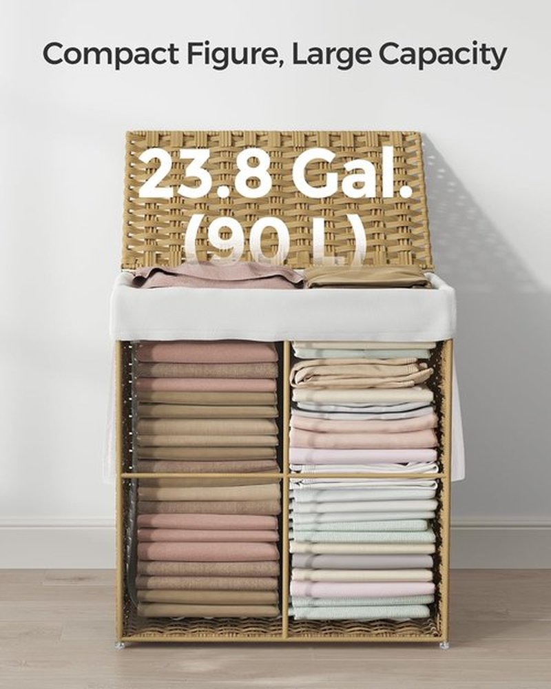 SONGMICS Laundry Hamper - 23.8 Gallon Synthetic Rattan Basket with Lid & Handles | Foldable, Goose Yellow