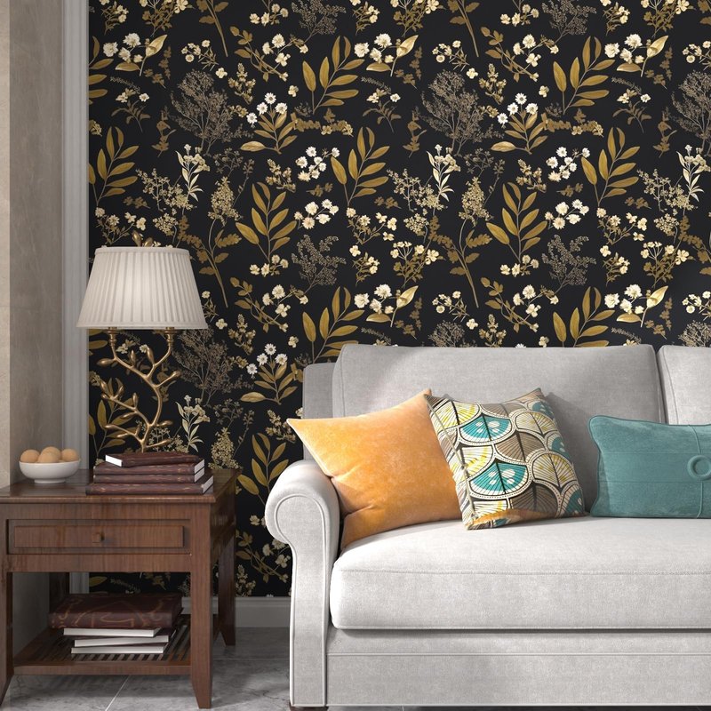 Laatse Vintage Wallpaper Peel and Stick Black Floral Wallpaper 17.5'' x 393'' Gold Leaf Contact Paper Vinyl Waterproof Self Adhesive Boho Botanical Wall Paper for Bedroom Shlef Cabinet Décor