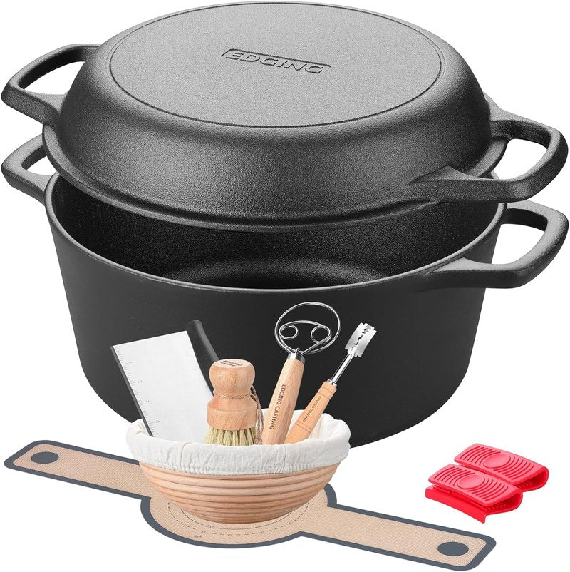 EDGING CASTING 5QT Pre-Seasoned Cast Iron Dutch Oven - 2-in-1 Sourdough Bread Baking Pan & Skillet Lid