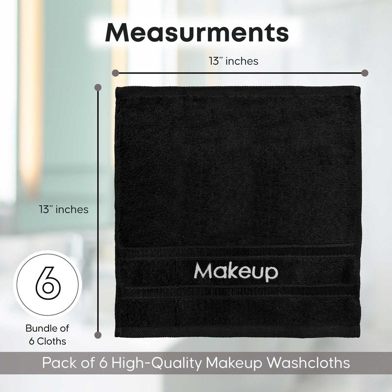 YRALY Makeup Towels - Pack of 6 - Soft Cotton Wash Cloths for Face & Makeup Removal, Airbnb Essentials for Hosts, Luxury Washcloths (13x13 Inches. Black)