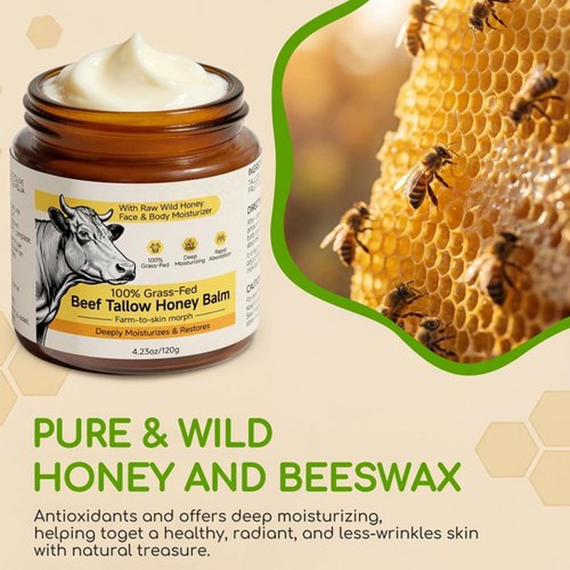 Beef Tallow for Skin & Face, Whipped Tallow and Honey Balm Cream, 100% Grass-Fed Beef Tallow Face Moisturizer with Raw Honey, All Natural Organic Body Lotion Skincare for Women & Men, Unscented 4.2 OZ