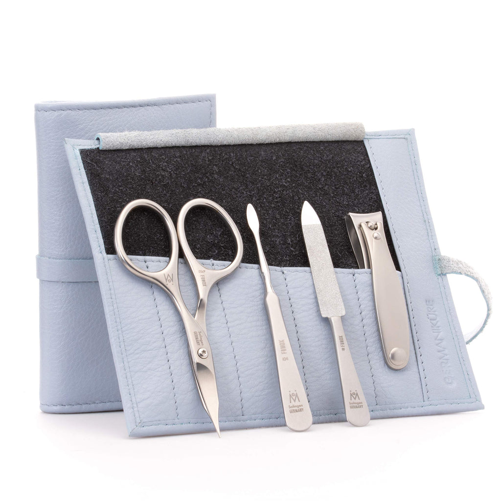 GERMANIKURE 4pc Manicure Set in Light Blue Leather Case - Made in Solingen Germany, FINOX Stainless Steel Tools – Professional Quality Compact Nail Grooming Kit
