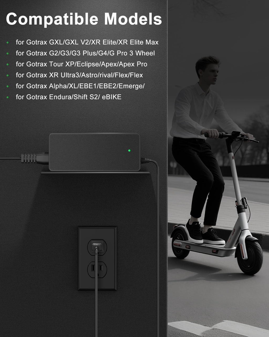 VHBW 42V 2A Electric Scooter Charger–Compatible with GoTrax GXL V2, Apex, XR Ultra, Electric Scooters with 36V Lithium Battery - Round DC Plug (Not 3-Prong or XLR)