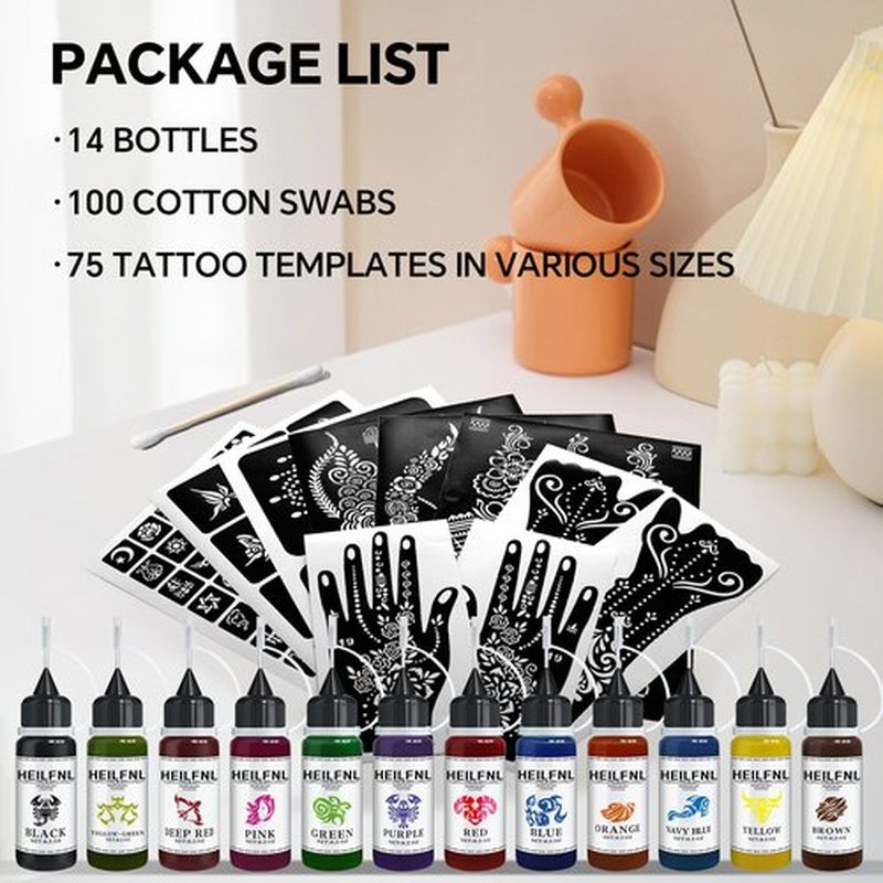 HEILFNL Temporary Tattoo Kit - 14 Bottles Color Temporary Tattoo Ink with 75 Pcs Stencils, DIY Fake Tattoos - Suitable for Adults, Teens, Women, Men & Art Painting Party