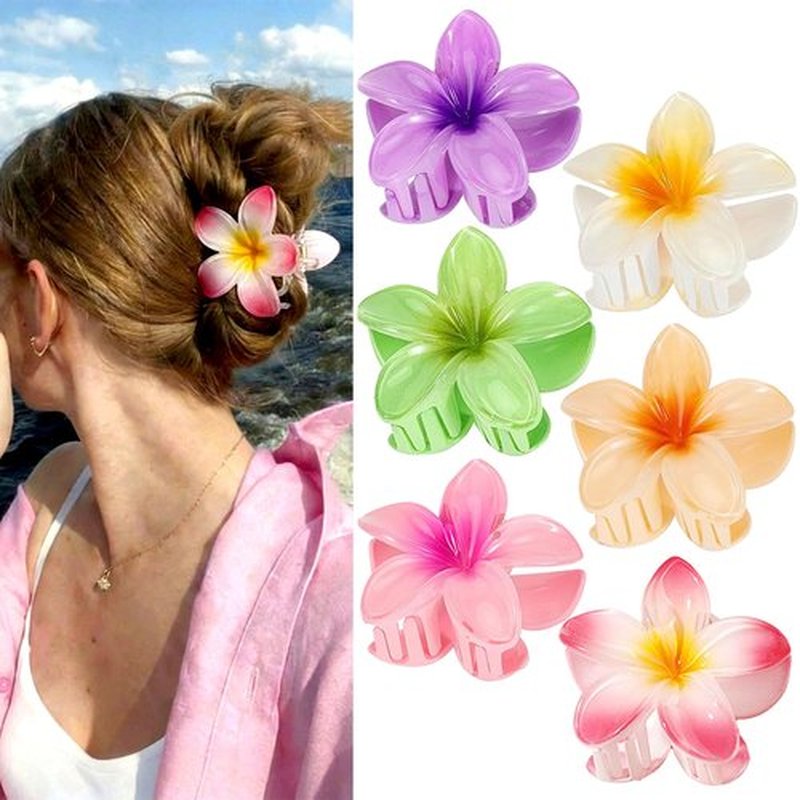 BAISEN 6 pcs Color Flower Hair Clips,3.14 inches Large Hawaiian Flower Claw Clip for Women,Beach Vacation hair accessories for Women Girls