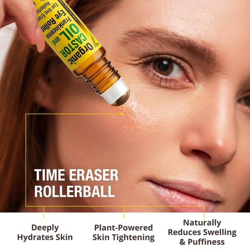 Seven Minerals Organic Castor Oil Roll On Eye Roller for Under Eye Bags, Dark Circles & Wrinkles - Organic Blend of Castor Oil And Frankincense - Brightens, and Revitalizes Skin & Face - 0.33 fl oz