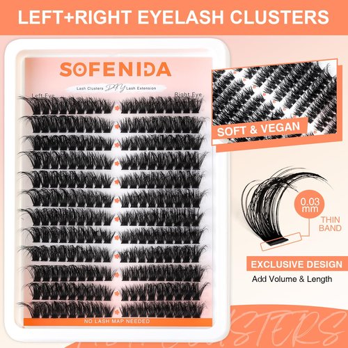 SOFENIDA Lash Clusters 80D Cluster Eyelash Extensions 8-16mm Cat Eye Wispy Eyelash Clusters 12 Pairs D Curvature Eyelash Clusters Left & Right Diy Lash Extension at Home