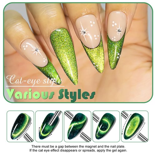 NXJ INFILILA Green Cat Eye Gel Nail Polish, 15ML Olive Green Cat Eye Glitter Magnetic Gel Polish Soak off UV LED Gels Salon Manicure Art DIY at Home(Galaxy Glow03)