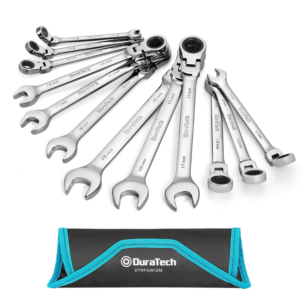 DURATECH Flex-Head Ratcheting Wrench Set, Combination Wrench Set, 72 Tooth, Metric, 12-piece, Size Covers 8-19mm, CR-V Steel, with Rolling Pouch