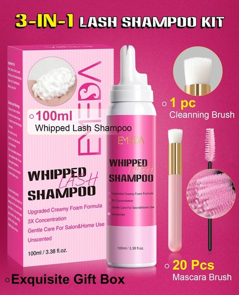 EMEDA Whipped Lash Shampoo Kit, Deep Cleanser Foam, 100ml Lash Cleaning Kit with Brush, Cleanser for Extension & Cluster & Strips Eyelash, Salon & Home Use Supplies (Unscented)