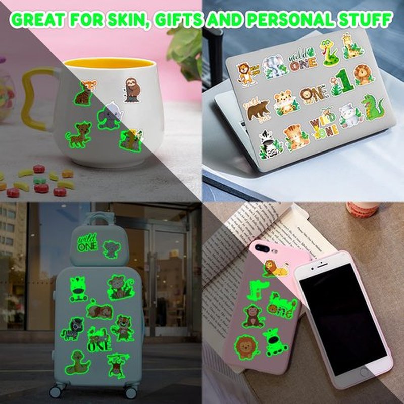 96 PCS Wild One Jungle Animal Glow In The Dark Pre-Cut Temporary Tattoos Sticker 1st First Birthday Decorations Party Supplies Favors Gifts Boys Girls Cute Fake Tattoo School Reward Themed (Luminous)