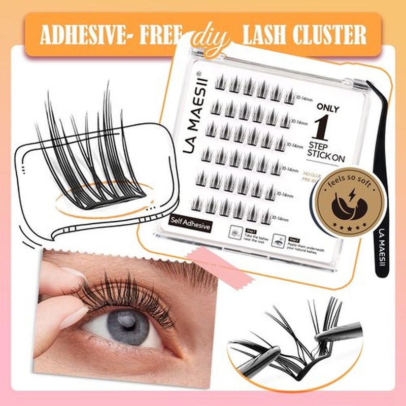 LA MAESII Self Adhesive Lash Clusters, Press-On Lashes No Glue Needed Pre Glued Eyelash Clusters Wispy Cluster Lashes,Individual Lash Kit, ULTRA-THIN&LIGHT Reusable No Residue(SA04)