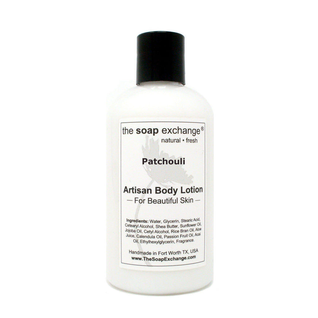The Soap Exchange Body Lotion - Patchouli Scent - Hand Crafted 8 fl oz / 240 ml Natural Artisan Skin Care for Hand, Face, & Body, Moisturize, Hydrate, & Protect. Made in the USA.