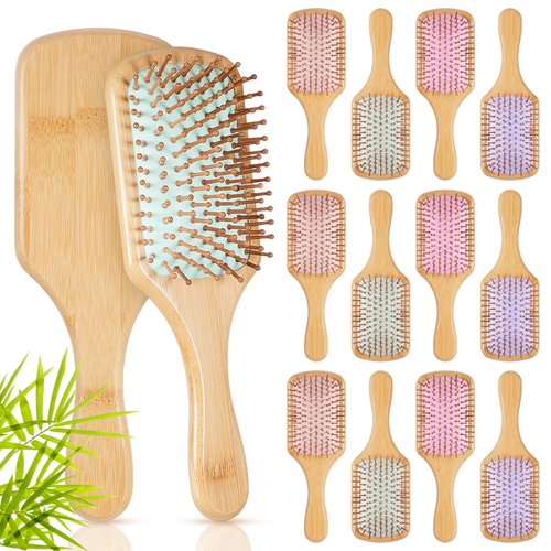 Tessco for you 12 Pcs Bamboo Hair Brushes Bulk Blank Wooden Paddle Brush Natural Scalp Massage Anti Static Hairbrush Engraving DIY Gifts for Women, Party, Wedding(9.65'' X 3.35'',Macaron)