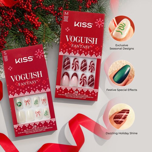 KISS Voguish Fantasy Holiday Press On Nails Almond, ‘Carol for You’, Red, Medium, No Damage To Natural Nails, Pink Gel Nail Glue (2g), Mini Nail File, Manicure Stick, & 28 Fake Nails