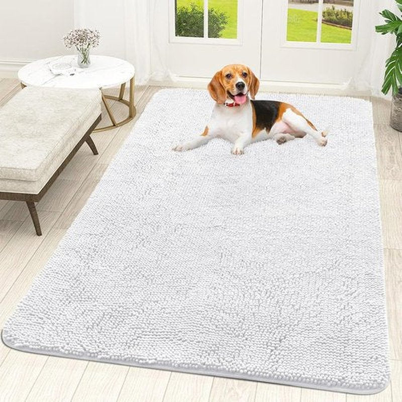 OLANLY Dog Door Mat - Absorbent Non-Slip Chenille Mat for Muddy Paws | 59x35, Quick Dry, White